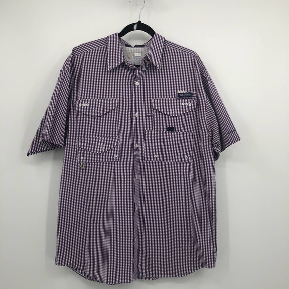 Columbia PFG Button Down Polo Shirt Short Sleeve Gigham Plaid Purple White Large - Picture 2 of 11